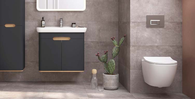 Bathroom setting with VitrA Sento products including wall-hung toilet and vanity unit